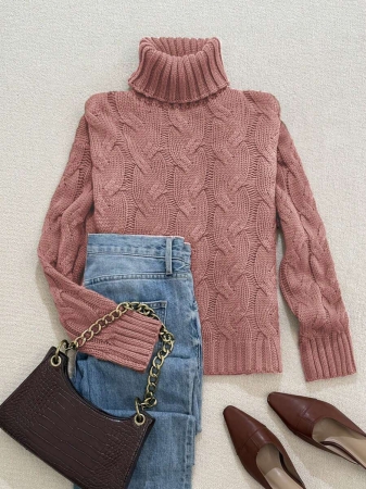 Autumn And Winter Elegant Fashion Casual Comfortable Brown Twisted Rope Sisal Pattern Textured High Neck Long Sleeve Sweater Knitted Pullover,Fall Clothes For Women, Winter Clothes For Women,Fall Tops,Work/Office, Business Casual Woman - Image 21