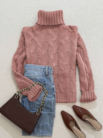 Autumn And Winter Elegant Fashion Casual Comfortable Brown Twisted Rope Sisal Pattern Textured High Neck Long Sleeve Sweater Knitted Pullover,Fall Clothes For Women, Winter Clothes For Women,Fall Tops,Work/Office, Business Casual Woman - Image 22