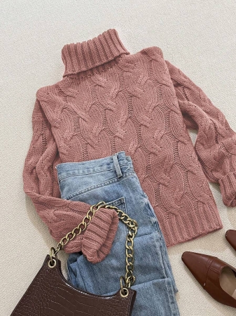 Autumn And Winter Elegant Fashion Casual Comfortable Brown Twisted Rope Sisal Pattern Textured High Neck Long Sleeve Sweater Knitted Pullover,Fall Clothes For Women, Winter Clothes For Women,Fall Tops,Work/Office, Business Casual Woman - Image 23