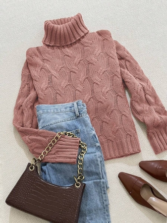 Autumn And Winter Elegant Fashion Casual Comfortable Brown Twisted Rope Sisal Pattern Textured High Neck Long Sleeve Sweater Knitted Pullover,Fall Clothes For Women, Winter Clothes For Women,Fall Tops,Work/Office, Business Casual Woman - Image 24