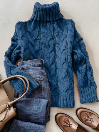 Autumn And Winter Elegant Fashion Casual Comfortable Brown Twisted Rope Sisal Pattern Textured High Neck Long Sleeve Sweater Knitted Pullover,Fall Clothes For Women, Winter Clothes For Women,Fall Tops,Work/Office, Business Casual Woman - Image 26