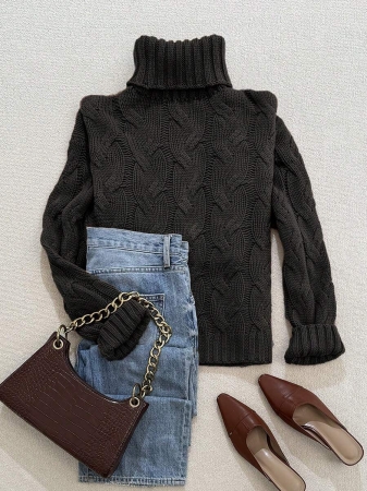 Autumn And Winter Elegant Fashion Casual Comfortable Brown Twisted Rope Sisal Pattern Textured High Neck Long Sleeve Sweater Knitted Pullover,Fall Clothes For Women, Winter Clothes For Women,Fall Tops,Work/Office, Business Casual Woman - Image 34