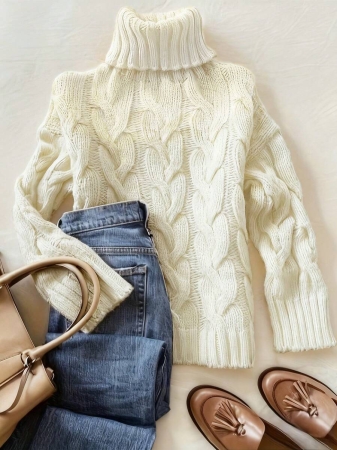 Autumn And Winter Elegant Fashion Casual Comfortable Brown Twisted Rope Sisal Pattern Textured High Neck Long Sleeve Sweater Knitted Pullover,Fall Clothes For Women, Winter Clothes For Women,Fall Tops,Work/Office, Business Casual Woman - Image 38