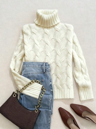 Autumn And Winter Elegant Fashion Casual Comfortable Brown Twisted Rope Sisal Pattern Textured High Neck Long Sleeve Sweater Knitted Pullover,Fall Clothes For Women, Winter Clothes For Women,Fall Tops,Work/Office, Business Casual Woman - Image 39