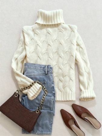 Autumn And Winter Elegant Fashion Casual Comfortable Brown Twisted Rope Sisal Pattern Textured High Neck Long Sleeve Sweater Knitted Pullover,Fall Clothes For Women, Winter Clothes For Women,Fall Tops,Work/Office, Business Casual Woman - Image 40