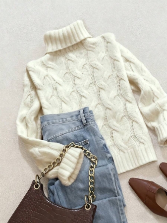 Autumn And Winter Elegant Fashion Casual Comfortable Brown Twisted Rope Sisal Pattern Textured High Neck Long Sleeve Sweater Knitted Pullover,Fall Clothes For Women, Winter Clothes For Women,Fall Tops,Work/Office, Business Casual Woman - Image 41