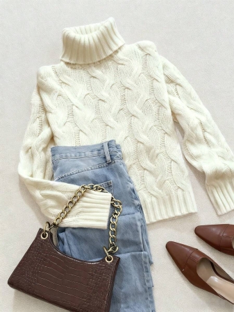 Autumn And Winter Elegant Fashion Casual Comfortable Brown Twisted Rope Sisal Pattern Textured High Neck Long Sleeve Sweater Knitted Pullover,Fall Clothes For Women, Winter Clothes For Women,Fall Tops,Work/Office, Business Casual Woman - Image 42