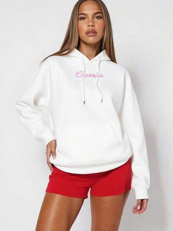 Women's Hoodie, Fleece-Lined Warm Pullover Sweatshirt With Pocket, Loose Fit For Autumn & Winter - Soft Daily Outerwear, Bow & Cherry Print, Cute Casual Autumn Outfit, , Tops For Women Hot Outfits - Image 6