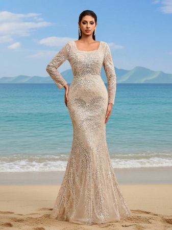 New Elegant High-End Luxury Sequin Sequins Lace Square Neck Backless Adjustable Tie Formal Evening Gown For Wedding Guest - Image 2