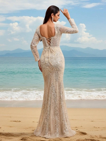 New Elegant High-End Luxury Sequin Sequins Lace Square Neck Backless Adjustable Tie Formal Evening Gown For Wedding Guest - Image 3