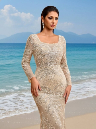 New Elegant High-End Luxury Sequin Sequins Lace Square Neck Backless Adjustable Tie Formal Evening Gown For Wedding Guest - Image 4