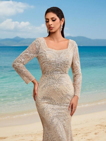 New Elegant High-End Luxury Sequin Sequins Lace Square Neck Backless Adjustable Tie Formal Evening Gown For Wedding Guest - Image 5