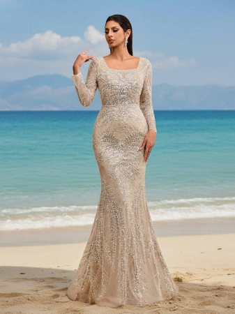 New Elegant High-End Luxury Sequin Sequins Lace Square Neck Backless Adjustable Tie Formal Evening Gown For Wedding Guest - Image 6