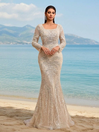 New Elegant High-End Luxury Sequin Sequins Lace Square Neck Backless Adjustable Tie Formal Evening Gown For Wedding Guest - Image 7