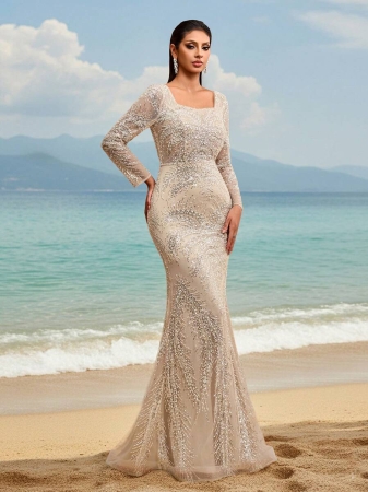 New Elegant High-End Luxury Sequin Sequins Lace Square Neck Backless Adjustable Tie Formal Evening Gown For Wedding Guest - Image 8