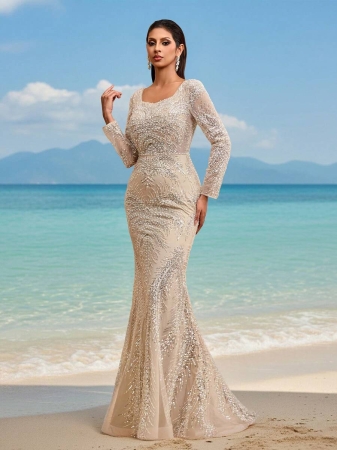 New Elegant High-End Luxury Sequin Sequins Lace Square Neck Backless Adjustable Tie Formal Evening Gown For Wedding Guest - Image 9