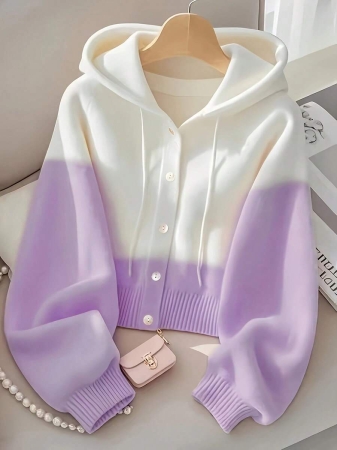 Women'S Casual Pink & White Color Block Hooded Sweater - Cozy Long Sleeve Cardigan With Button Details, Perfect For Fall/Winter, Relaxed Fit, Long Sleeve Sweater - Image 2