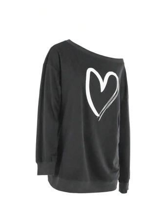 INAWLY Ladies' Asymmetrical Neck Long Sleeve Heart Print Sweatshirt,Long Sleeve Tops Graduation,Back To School Outfits,Graduation,Teacher Outfits For Women,Back To School Pullover Fall Outfit - Image 4