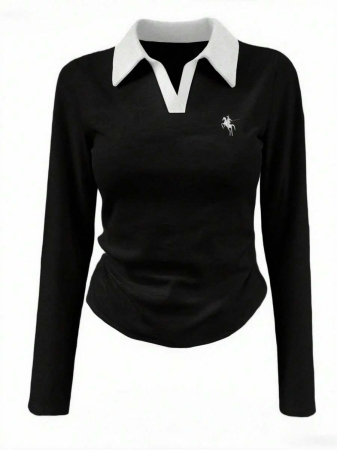 Rina Fox Ladies' Contrast Color Turndown Collar Long Sleeve Casual T-Shirt With Knight Print Fall Cloth For Women, Christmas - Image 2