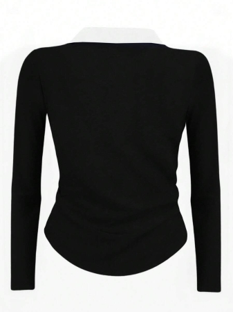 Rina Fox Ladies' Contrast Color Turndown Collar Long Sleeve Casual T-Shirt With Knight Print Fall Cloth For Women, Christmas - Image 3