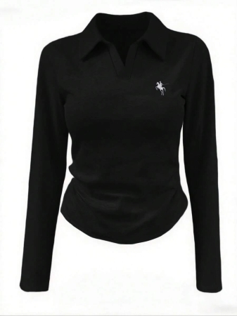 Rina Fox Ladies' Contrast Color Turndown Collar Long Sleeve Casual T-Shirt With Knight Print Fall Cloth For Women, Christmas - Image 8