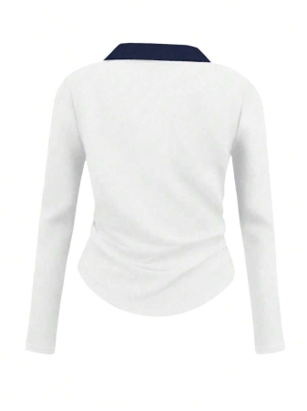 Rina Fox Ladies' Contrast Color Turndown Collar Long Sleeve Casual T-Shirt With Knight Print Fall Cloth For Women, Christmas - Image 20