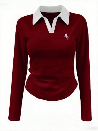 Rina Fox Ladies' Contrast Color Turndown Collar Long Sleeve Casual T-Shirt With Knight Print Fall Cloth For Women, Christmas - Image 24