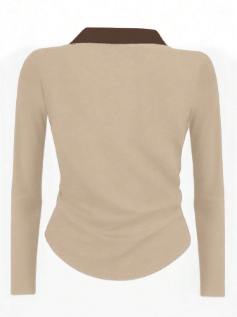 Rina Fox Ladies' Contrast Color Turndown Collar Long Sleeve Casual T-Shirt With Knight Print Fall Cloth For Women, Christmas - Image 30