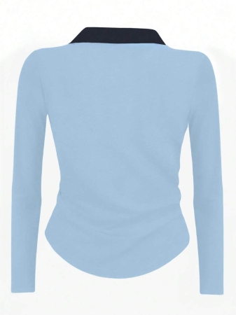 Rina Fox Ladies' Contrast Color Turndown Collar Long Sleeve Casual T-Shirt With Knight Print Fall Cloth For Women, Christmas - Image 42