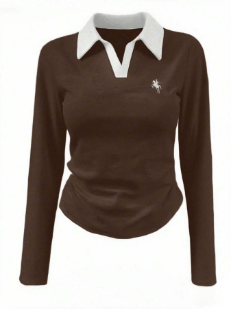 Rina Fox Ladies' Contrast Color Turndown Collar Long Sleeve Casual T-Shirt With Knight Print Fall Cloth For Women, Christmas - Image 46