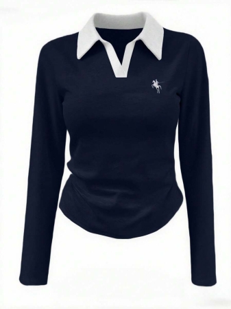 Rina Fox Ladies' Contrast Color Turndown Collar Long Sleeve Casual T-Shirt With Knight Print Fall Cloth For Women, Christmas - Image 56