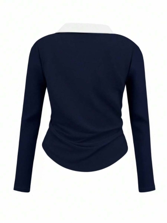 Rina Fox Ladies' Contrast Color Turndown Collar Long Sleeve Casual T-Shirt With Knight Print Fall Cloth For Women, Christmas - Image 57