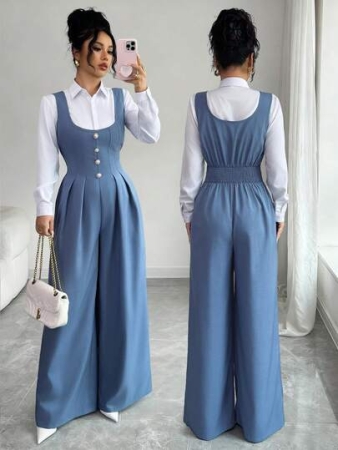 SHEIN Elenzya 2025 Independence Day Autumn New Elegant French Style Fashion High-End Design U-Neck Pleated Waist Slimming Pearl Button Strap Loose Straight Leg Pants Retro Haze Blue Casual Commuter Jumpsuit For Women