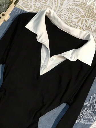 Rina Fox Women's Contrast Color Shirt Collar Long Sleeve Casual 2 In 1 Top - Image 3