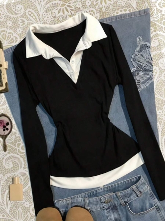 Rina Fox Women's Contrast Color Shirt Collar Long Sleeve Casual 2 In 1 Top - Image 5