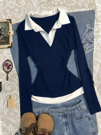 Rina Fox Women's Contrast Color Shirt Collar Long Sleeve Casual 2 In 1 Top - Image 9