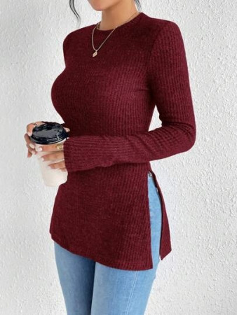 SHEIN Frenchy Split Hem Ribbed Knit Tee Winter Christmas Red