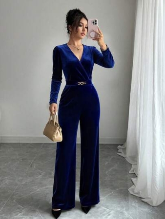 Elenzga Metal Buckle Waist Fitted Velvet Jumpsuit For Party
