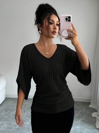 Selianne Women's Comfortable Casual V-Neck Ruffle Batwing Sleeve Solid Color Brushed Rib T-Shirt - Image 2