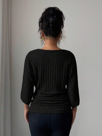 Selianne Women's Comfortable Casual V-Neck Ruffle Batwing Sleeve Solid Color Brushed Rib T-Shirt - Image 3