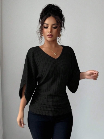 Selianne Women's Comfortable Casual V-Neck Ruffle Batwing Sleeve Solid Color Brushed Rib T-Shirt - Image 4