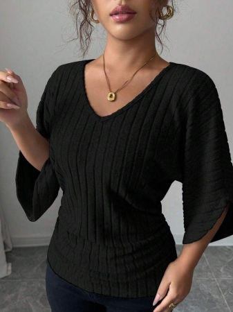 Selianne Women's Comfortable Casual V-Neck Ruffle Batwing Sleeve Solid Color Brushed Rib T-Shirt - Image 5