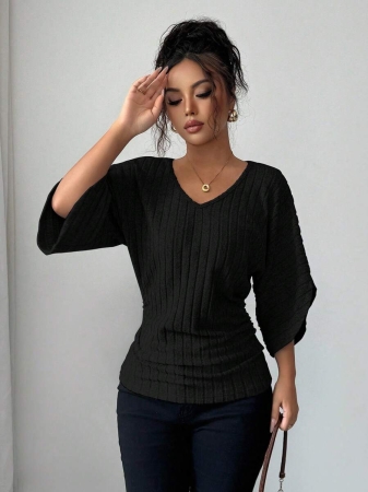 Selianne Women's Comfortable Casual V-Neck Ruffle Batwing Sleeve Solid Color Brushed Rib T-Shirt - Image 6