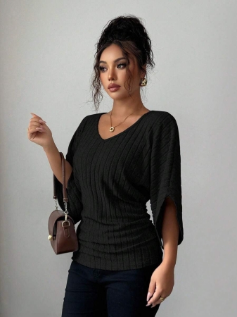 Selianne Women's Comfortable Casual V-Neck Ruffle Batwing Sleeve Solid Color Brushed Rib T-Shirt - Image 7