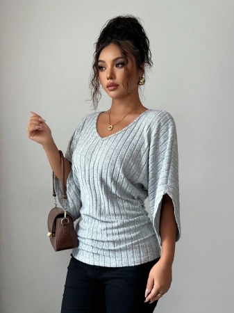 Selianne Women's Comfortable Casual V-Neck Ruffle Batwing Sleeve Solid Color Brushed Rib T-Shirt - Image 11