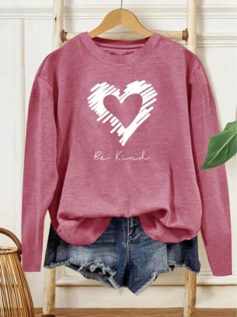 Women's Casual Long Sleeve Round Neck T-Shirt - "Be Kind Heart" Pattern Print, Bright Green, Medium Stretch Fabric, Machine Washable, All-Season Comfort, Non-Transparent Material 2025