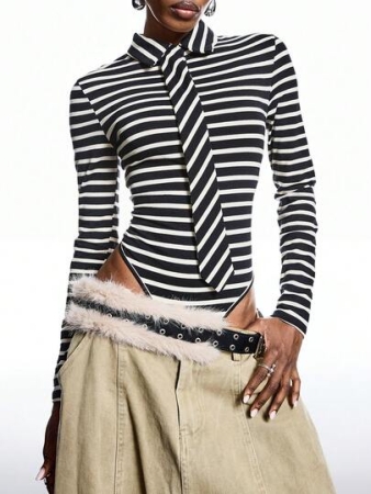 LYSMO 2025 New Arrive Minimalism Winter Fashionable Women's Striped Lapel Long Sleeve Tie Design Casual Bodysuit Christmas Outfit For Women New Year Clothes Cozy Fall And Winter Clothes For Women