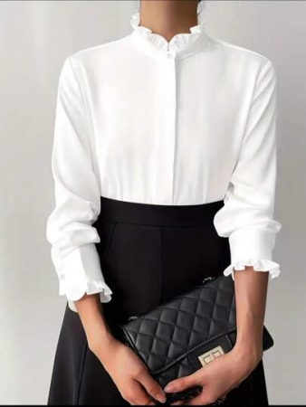 White Ruffle Collar Blouse For Women, Solid Color Minimalist Casual Everyday Wear