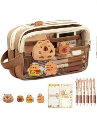 Capybara Stationary Pencil Case,Capybara-Themed Pen Bag. It Has A Large Capacity And Is Transparent With A Handle. In The Maillard Color Scheme, It's A Multifunctional Stationery Box Suitable For Primary And Junior High School Students.,Back To School,School Supplies,Pencil Case,Pencil Pouch,School Bag