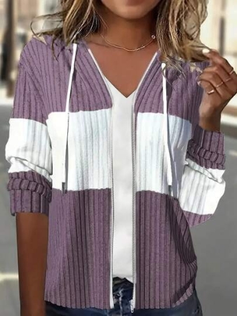 Contrast Zipper Drawstring Color Block Patchwork Hoodie, Casual Long Sleeve Ribbed Pullover Campus Style Sweatshirt, Women's Tops